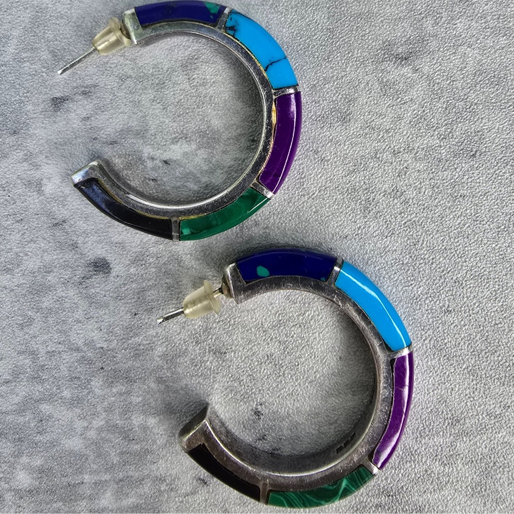 Mexico 950 Silver Multi Stone Inlay Hoop Earrings TN-57 Turquoise Malachite 14g - Picture 12 of 14